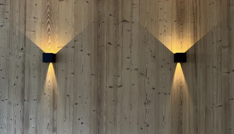 Applique noire centrée sur le bardage bois, avec ses faisceaux lumineux vers le haut et le bas.