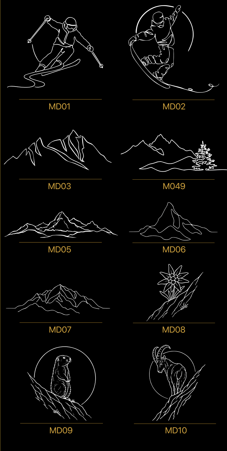 Dessins du flyer : skieurs, montagnes, animaux et motifs naturels.